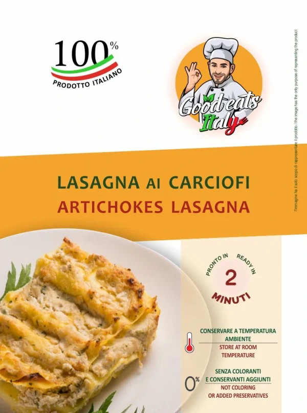 Artichokes Lasagna. ready to eat and cook under 2 minutes. Product made in Italy