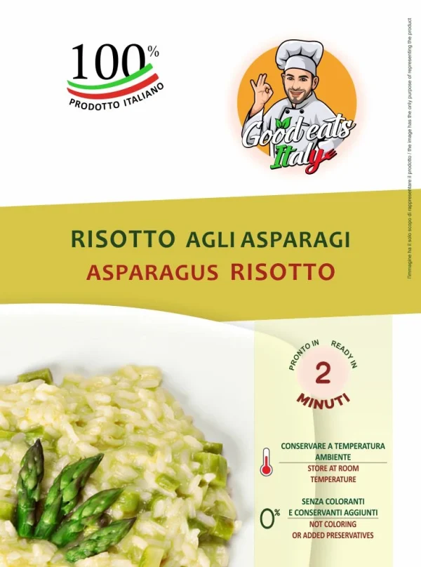 Asparagus Risotto. ready to eat and cook under 2 minutes. Product made in Italy