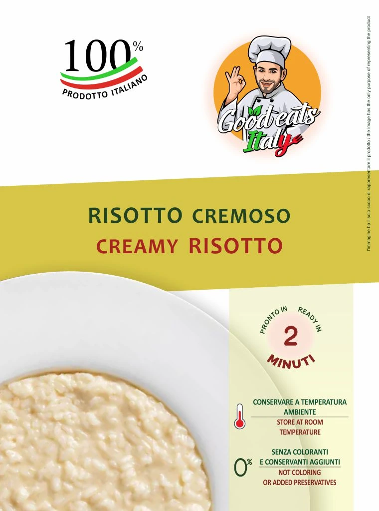 Creamy risotto ready to eat and cook under 2 minutes. Product made in Italy