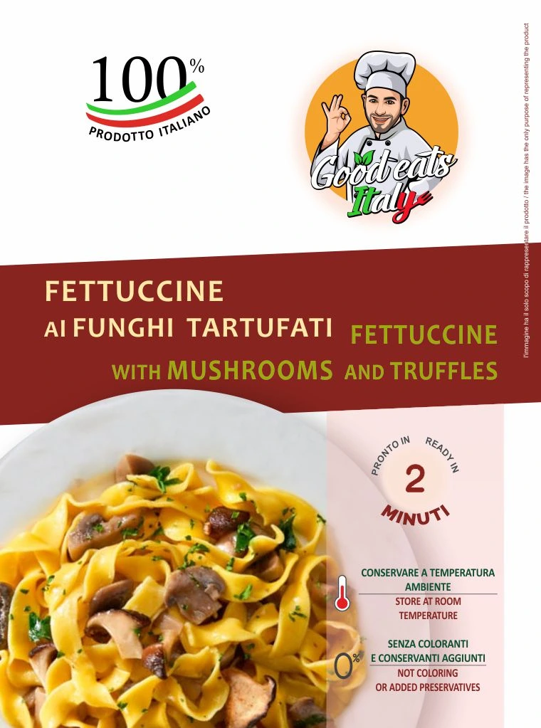 Fettuccine with Mushrooms and Truffles. ready to eat and cook under 2 minutes. Product made in Italy