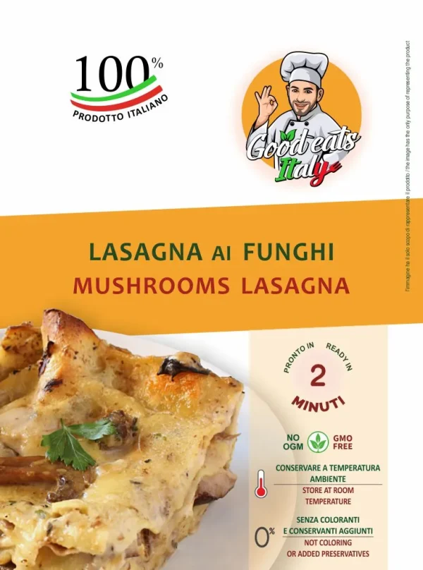 Mushrooms Lasagna. ready to eat and cook under 2 minutes. Product made in Italy