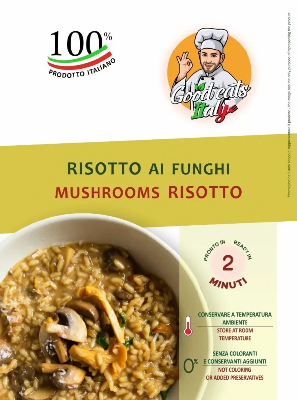 Mushrooms Risotto. ready to eat and cook under 2 minutes. Product made in Italy