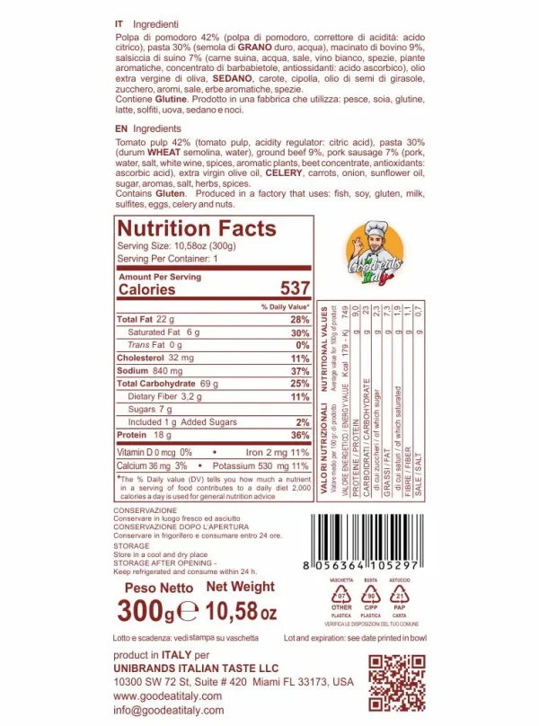 Nutrition Facts Bolognese Lasagna. ready to eat and cook under 2 minutes. Product made in Italy