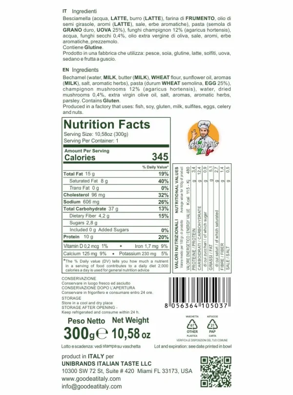 Nutrition Facts Mushrooms Lasagna. ready to eat and cook under 2 minutes. Product made in Italy