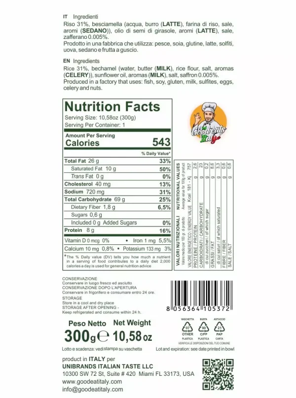 Nutrition Facts Saffron Risotto. ready to eat and cook under 2 minutes. Product made in Italy