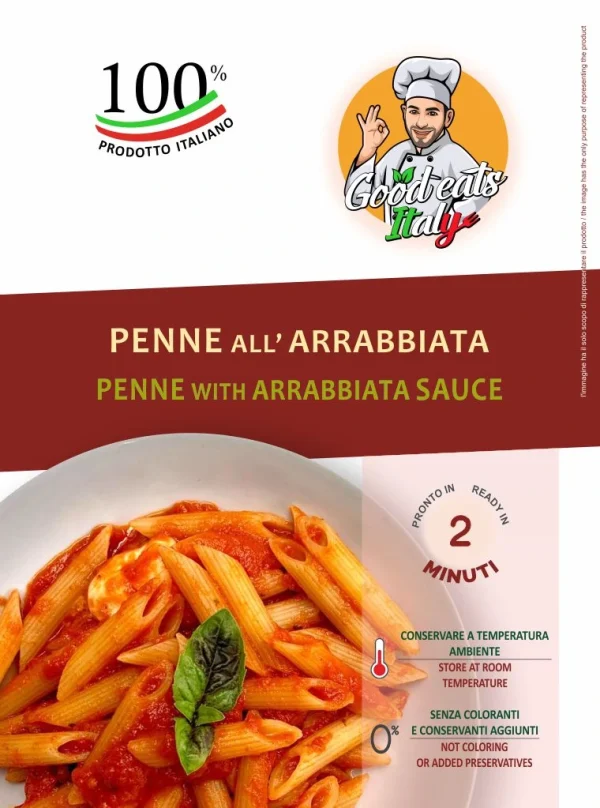 Penne with Arrabbiata Sauce. ready to eat and cook under 2 minutes. Product made in Italy