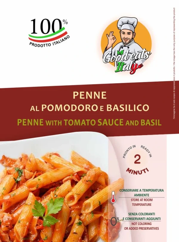 Penne with Tomato Sauce and Basil. ready to eat and cook under 2 minutes. Product made in Italy