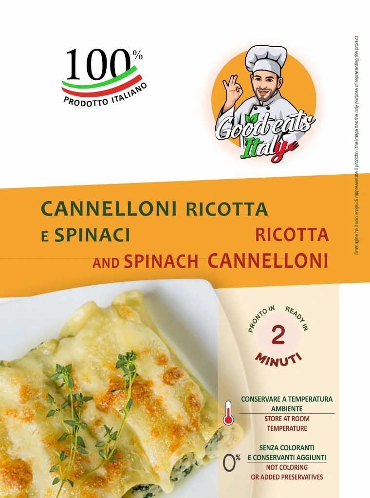 Ricotta and Spinach Cannelloni. ready to eat and cook under 2 minutes. Product made in Italy