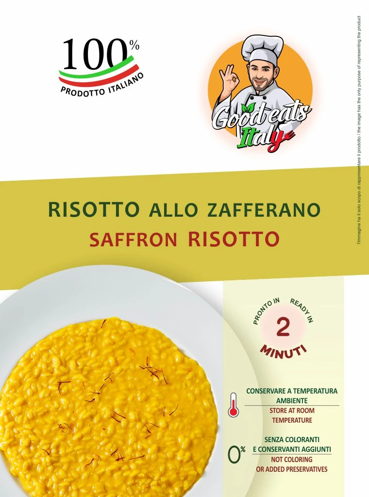 Saffron Risotto. ready to eat and cook under 2 minutes. Product made in Italy