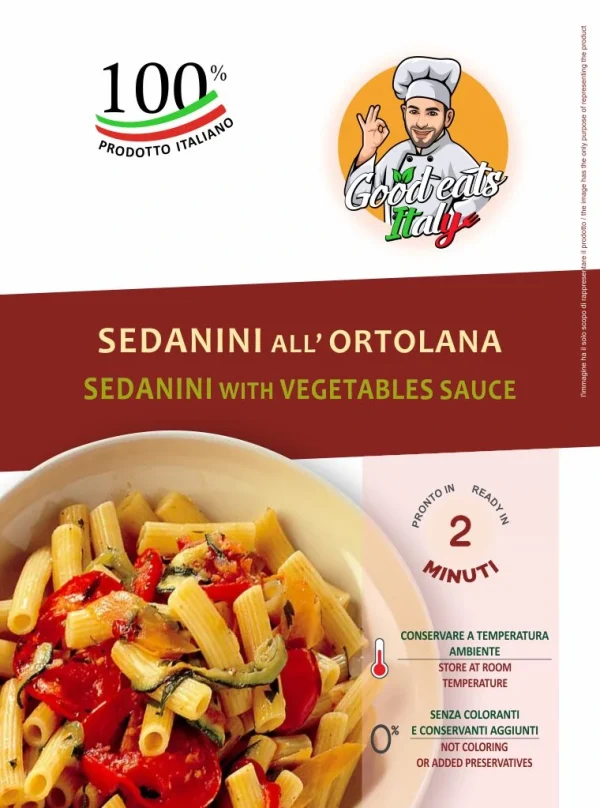 Sedanini with Vegetable Sauce. ready to eat and cook under 2 minutes. Product made in Italy