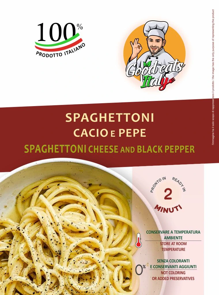 Spaghettoni Cheese and Black Pepper. ready to eat and cook under 2 minutes. Product made in Italy