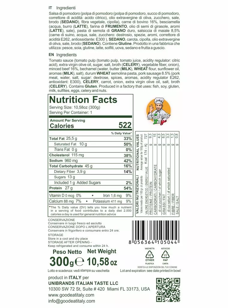 Nutrition Facts Meat Cannelloni. ready to eat and cook under 2 minutes. Product made in Italy