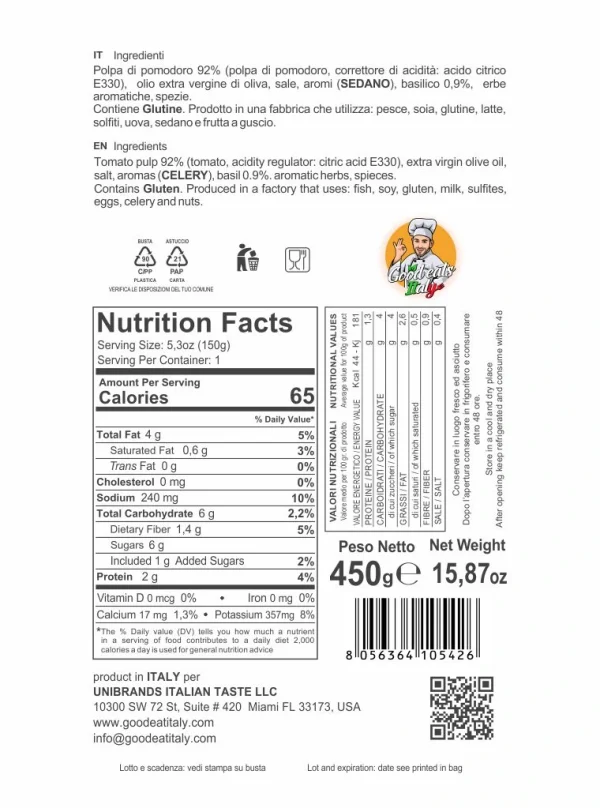 Nutrition Facts Tomato Sauce and Basil . ready to eat and cook under 2 minutes. Product made in Italy