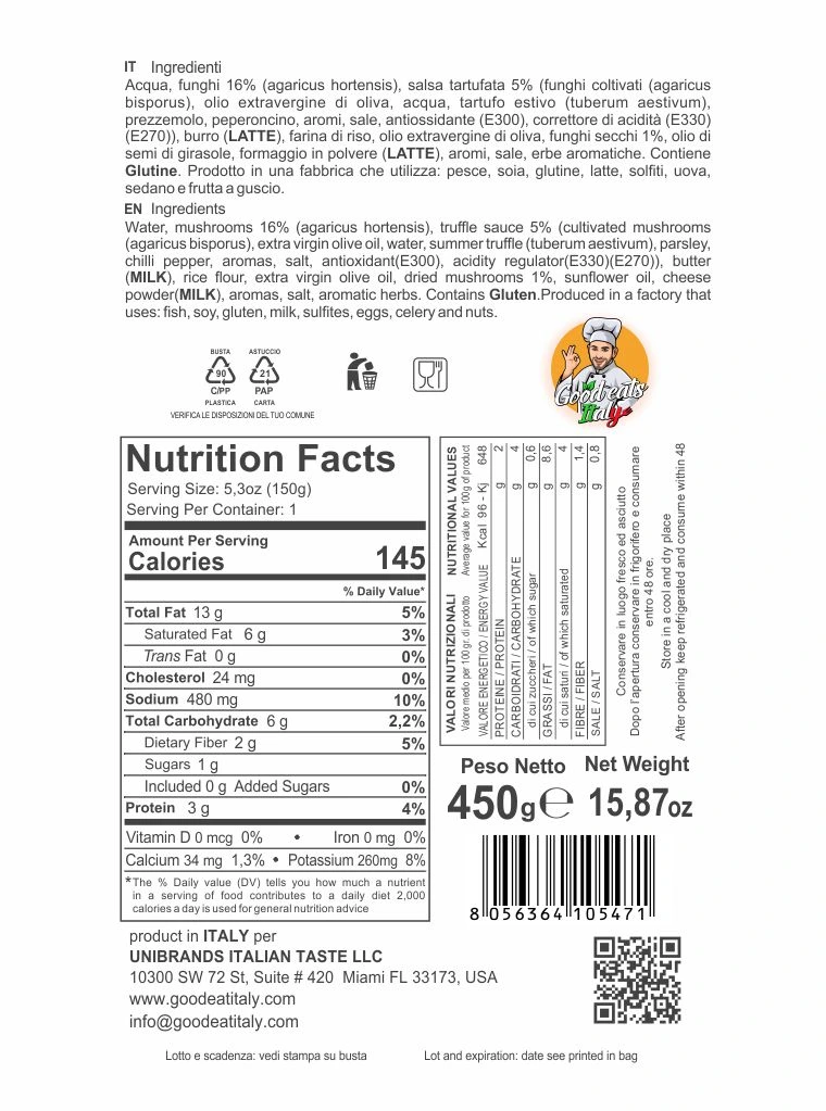 Nutrition Facts Truffle Mushroom Sauce. ready to eat and cook under 2 minutes. Product made in Italy