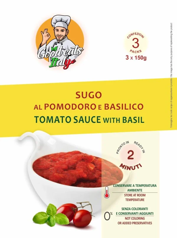 Tomato Sauce and Basil. ready to eat and cook under 2 minutes. Product made in Italy