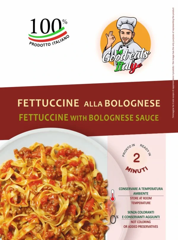 Fettucine with Bolognese Sauce ready to eat and cook under 2 minutes. Product made in Italy