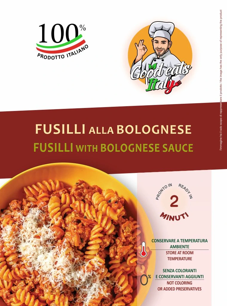 Fusilli with Bolognese Sauce ready to eat and cook under 2 minutes. Product made in Italy