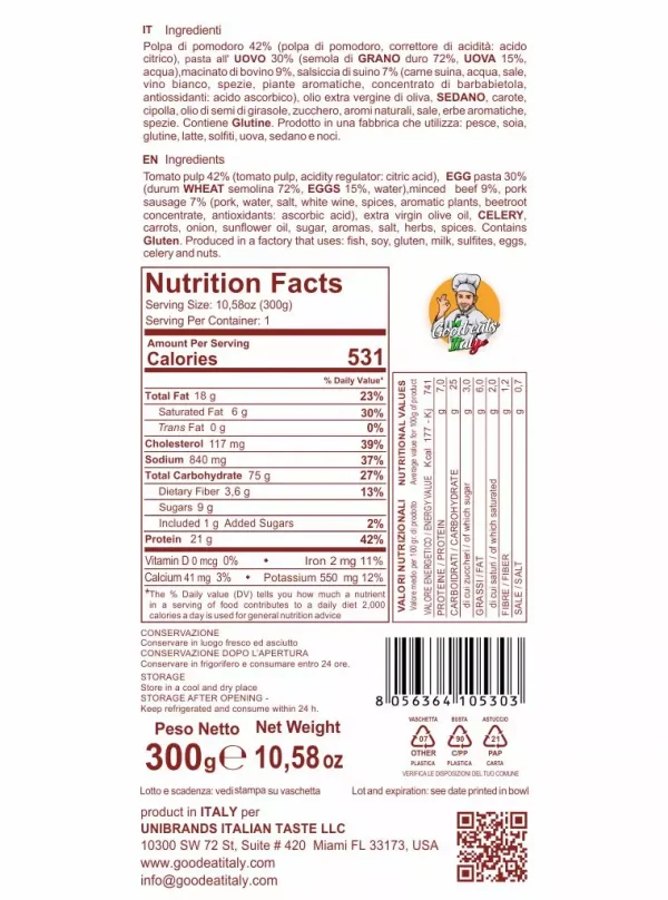 Nutrition Facts Fettucine with Bolognese Sauce ready to eat and cook under 2 minutes. Product made in Italy