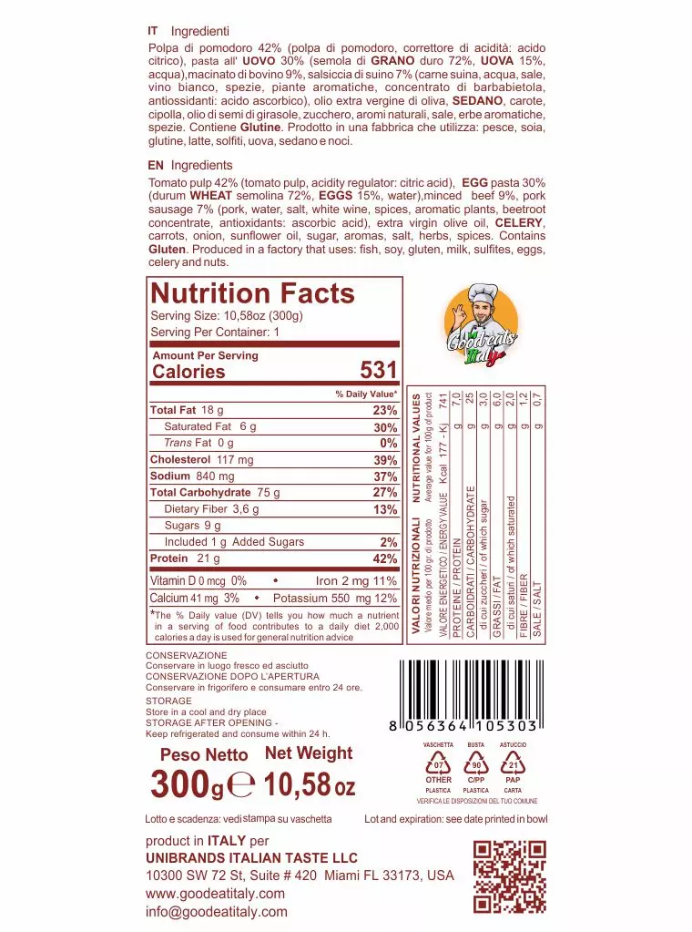 Nutrition Facts Fettucine with Bolognese Sauce ready to eat and cook under 2 minutes. Product made in Italy