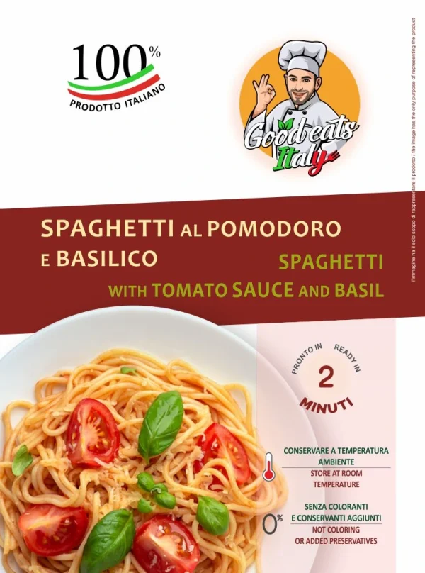 Spaghetti with Tomato Sauce and Basil. ready to eat and cook under 2 minutes. Product made in Italy