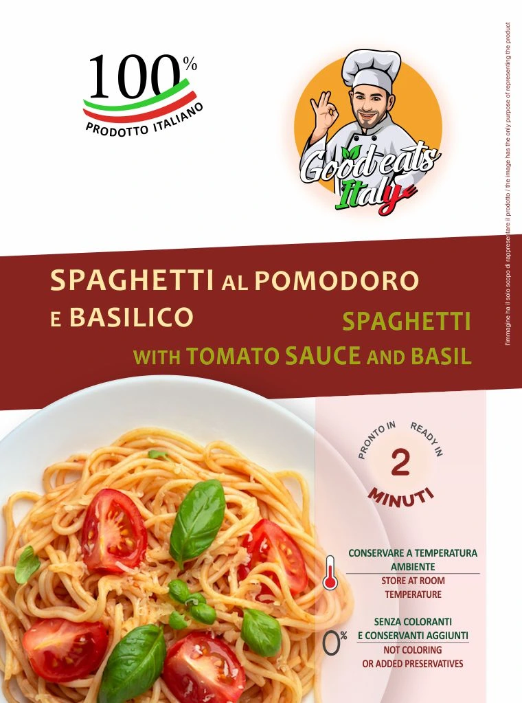 Spaghetti with Tomato Sauce and Basil. ready to eat and cook under 2 minutes. Product made in Italy