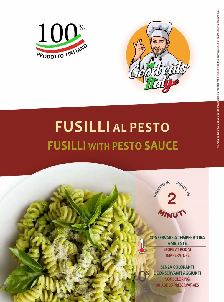 Fusilli with Pesto Sauce ready to eat and cook under 2 minutes. Product made in Italy