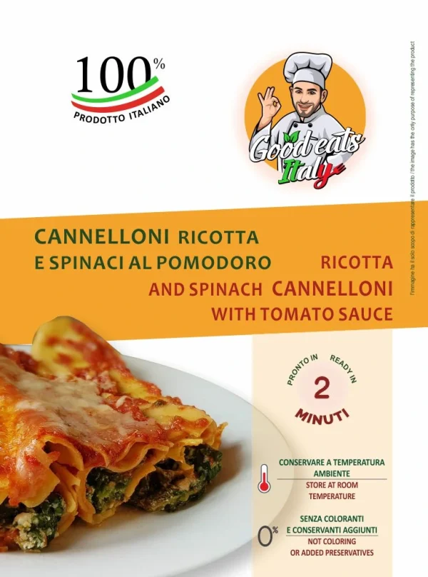 RIcotta and Spinach Cannelloni with Tomato Sauce. ready to eat and cook under 2 minutes. Product made in Italy